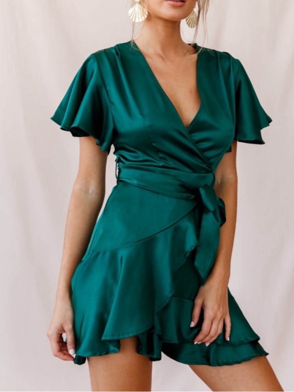 Satin Emerald Green Wrap Mini Dress with Side Tie